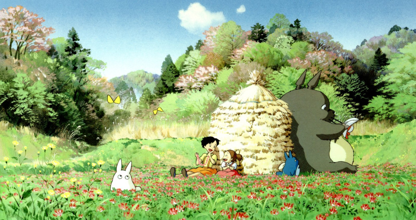 2girls 80s :d against_wall animal blue_sky bush butterfly carrying_over_shoulder clouds field flower flower_field hat highres holding holding_hat insect kusakabe_mei kusakabe_satsuki looking_at_another meadow multiple_girls open_mouth outdoors over_shoulder plant rabbit sack sitting sky smile studio_ghibli tonari_no_totoro totoro tree whiskers