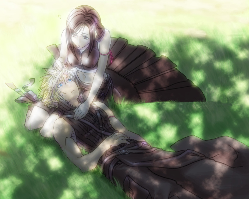 1boy 1girl ? arm_ribbon bare_shoulders belt blonde_hair blue_eyes breasts brown_eyes brown_hair cloud_strife couple eye_contact final_fantasy final_fantasy_vii final_fantasy_vii_advent_children from_above grass hand_on_own_stomach hetero holding holding_hair lap_pillow light long_hair looking_at_another lying midriff navel outdoors ribbon shadow short_hair sitting tifa_lockhart