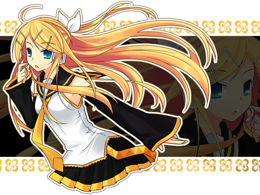 alternate_hairstyle blonde_hair blue_eyes colored detached_sleeves headset kagamine_rin long_hair necktie skirt tamura_hiro vocaloid zoom_layer