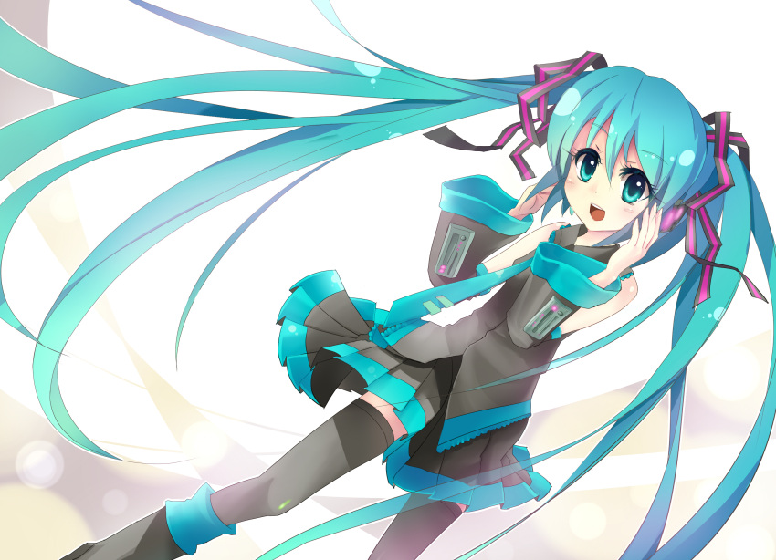 hatsune_miku highres long_hair necktie open_mouth skirt solo thighhighs twintails very_long_hair vocaloid white