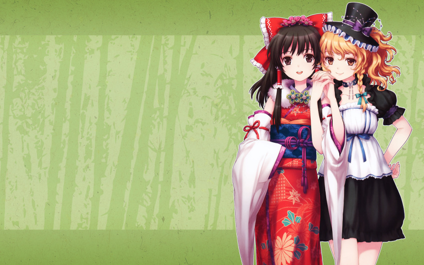 green hakurei_reimu japanese_clothes kimono kirisame_marisa touhou