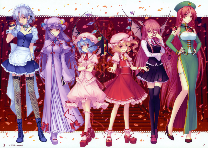 6+girls absurdres apron bat_wings black_legwear black_nails blonde_hair blue_footwear blue_hair book boots bow bracelet braid breasts bridal_gauntlets capelet china_dress chinese_clothes closed_mouth crescent crossed_arms dress eyebrows_visible_through_hair female female_only fingernails flandre_scarlet full_body garter_straps garters green_headwear grey_hair group hair_over_one_eye hair_ribbon hand_on_hip hand_up hands_on_hips hat head_wings high_heels highres holding holding_book holding_knife hong_meiling izayoi_sakuya jewelry knife koakuma legs loafers long_fingernails long_hair long_legs long_sleeves maid maid_headdress multiple_girls nail_polish necktie parted_lips patchouli_knowledge pink_legwear platform_footwear platform_heels platform_shoes pleated_skirt ponytail purple_hair purple_headwear red_bow red_eyes red_footwear red_hair red_shoes redhead remilia_scarlet ribbon sayori scan shoes short_hair siblings side_ponytail side_slit silver_hair sisters skirt sleeves_past_wrists slit_pupils socks standing the_embodiment_of_scarlet_devil thigh-highs thighhighs touhou twin_braids vampire very_long_hair waist_apron wings wrist_cuffs zettai_ryouiki