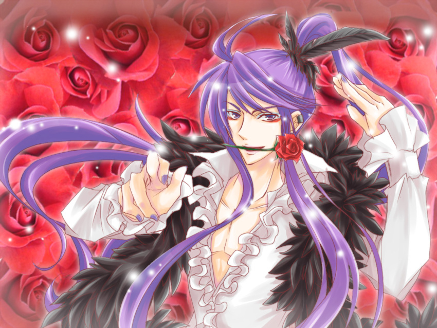 flower frills haru_aki kamui_gakupo male mouth_hold nail_polish ponytail purple_eyes purple_hair rose sparkle vocaloid