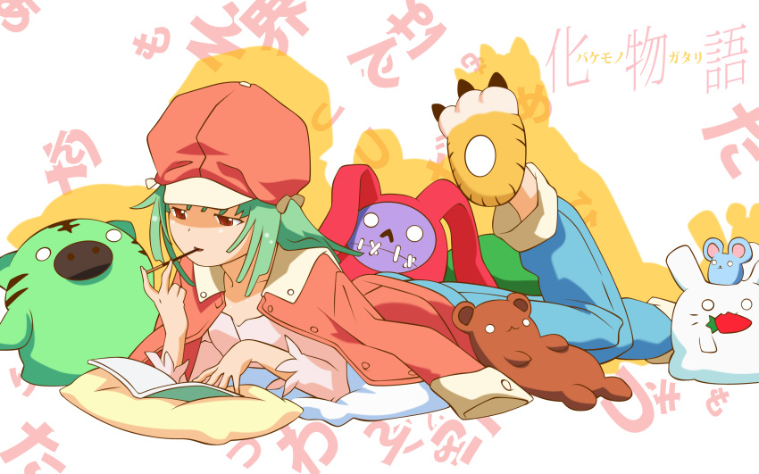 1girl bakemonogatari coat green_hair hat plush_toy pocky sengoku_nadeko tagme wallpaper