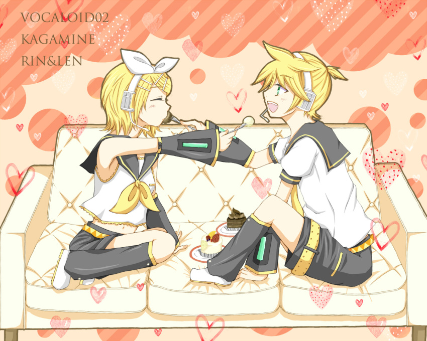 blonde_hair couch eating food kagamine_len kagamine_rin pastry short_hair siblings sweets twins vocaloid