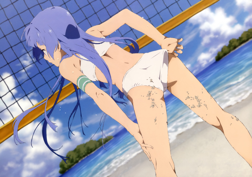 1girl adjusting_swimsuit armband ass back beach beach_volleyball bikini blue_hair cloud dutch_angle facing_away female flat_chest from_behind highres kannagi leaning_forward legs long_hair nagi net official_art outdoors purple_eyes sand sky solo source_request standing sweat swimsuit very_long_hair volleyball water wet