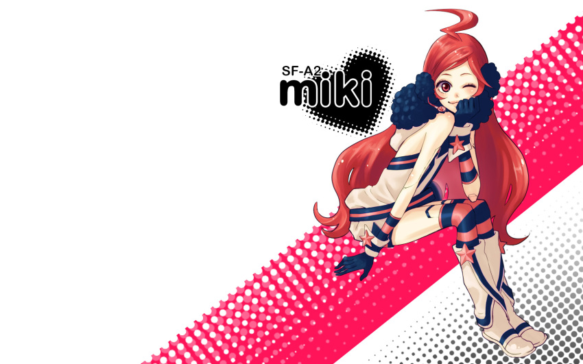 :3 android bad_id belt boots dress earmuffs gloves headphones headset heart highres kneehighs long_hair miki_(vocaloid) red_eyes red_hair redhead sf-a2_miki sitting smile socks solo star striped striped_gloves striped_kneehighs thigh-highs vocaloid wallpaper white wink wrist_cuffs yunomi