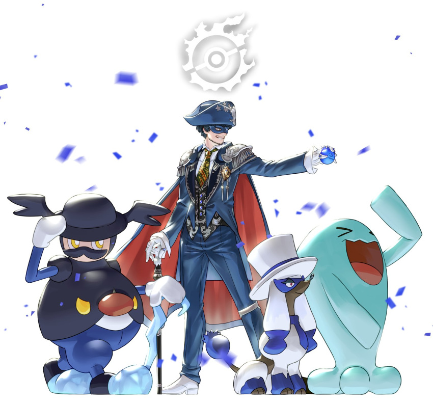 1boy blue_mage_(final_fantasy) blue_mask cane cape closed_eyes final_fantasy final_fantasy_xiv furfrou hat hat_tip highres holding holding_cane martyn_(ff14) mr._rime open_mouth pirate_hat pokemon pokemon_(creature) potion_lilac top_hat wobbuffet yellow_eyes