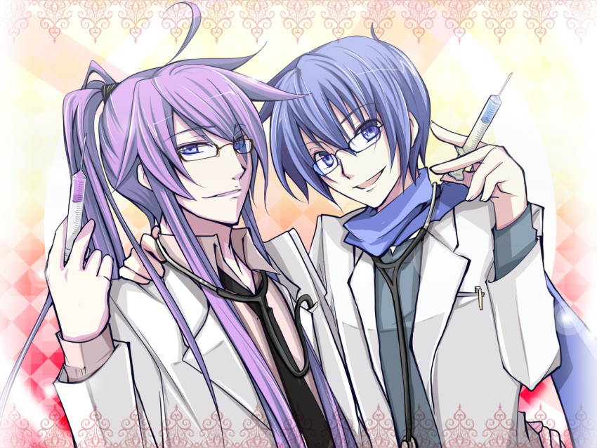 2boys blue_hair doctor glasses haru_aki kaito kamui_gakupo long_hair male glasses ponytail purple_hair scarf short_hair stethoscope syringe vocaloid