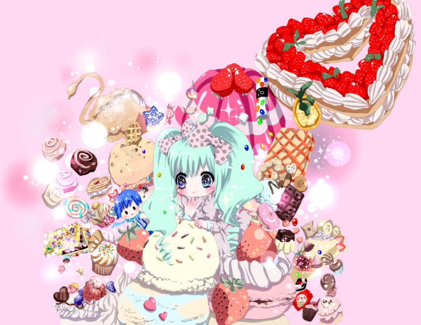 +_+ ? apollo_chocolate artist_request cake candy character_doll checkerboard_cookie chocolate cookie cream cupcake doll food fruit gelatin hatsune_miku ice_cream kaito lollipop macaron pastry sprinkles strawberry sweets swirl_lollipop vocaloid