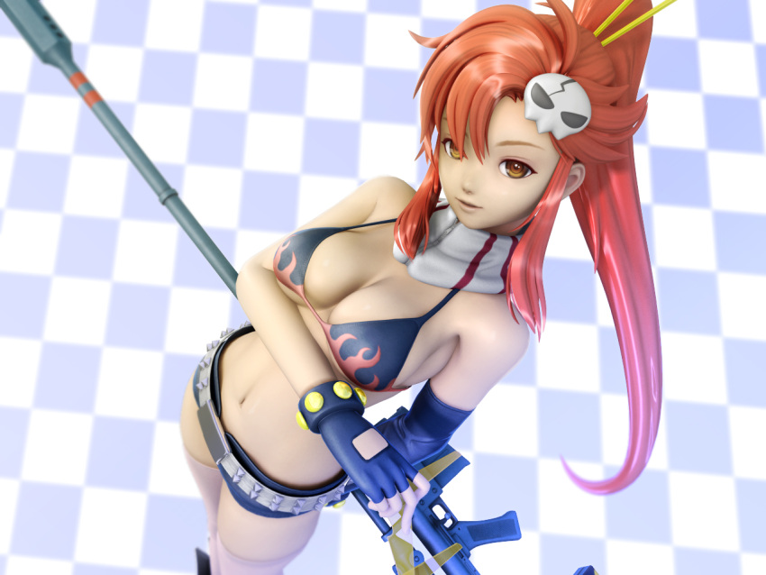 1280x960 bare_shoulders belt breasts chopsticks cleavage elbow_gloves gloves gun hair_ornament halter_top kanzeon long_hair navel pink_thighhighs ponytail red_hair scarf short_shorts shorts skull skull_hair_ornament tengen_toppa_gurren_lagann thigh_highs thighhighs wallpaper weapon yellow_eyes yoko_littner yoko_ritona