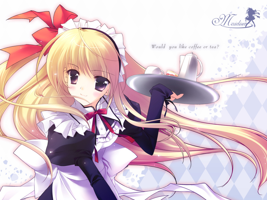 blonde_hair blush hairband highres long_hair maid original purple_eyes rei rei_(rei's_room) ribbon smile solo tray wind