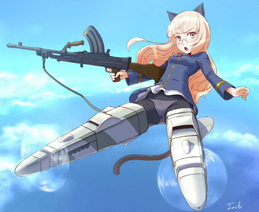 1girl animal_ears ass_visible_through_thighs blonde_hair blush bren_lmg face female flying glasses gun holding_weapon long_hair machine_gun panties panties_under_pantyhose pantyhose perrine_h_clostermann rifle sky small_breasts solo strike_witches striker_unit surprised tail toshi_(tsujigiri_style) underwear weapon white_panties yellow_eyes