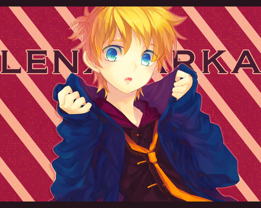 bad_id blonde_hair blue_eyes fang hoodie jacket kagamine_len male necktie open_clothes open_jacket open_mouth parka renta short_hair solo vocaloid