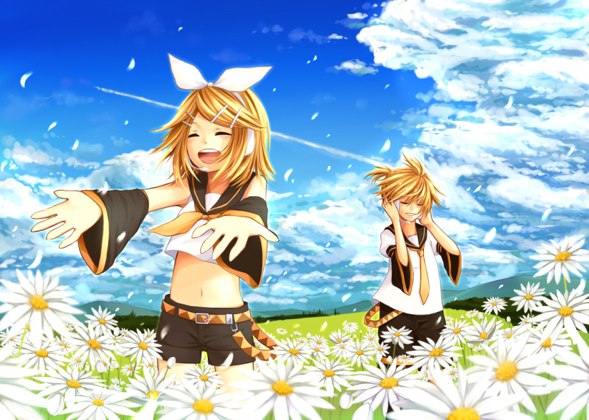 blonde_hair flower kagamine_len kagamine_rin sky vocaloid