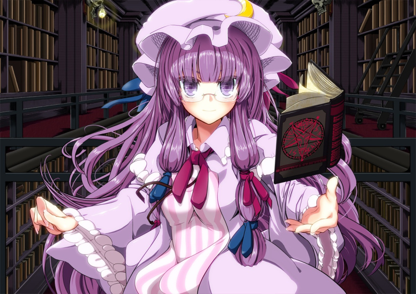 1girl bespectacled book bookshelf crescent glasses hair_ribbon hat hebata library long_hair patchouli_knowledge pentagram purple_eyes purple_hair ribbon smile solo touhou voile