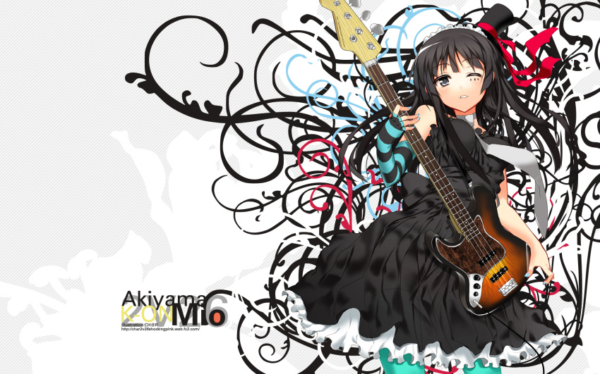 1girl akiyama_mio bass bass_guitar black_hair blue_legwear blush char don't_say_"lazy" dress elbow_gloves face facepaint gothic hat highres instrument k-on! long_hair mini_top_hat nail_polish pantyhose see_through skirt slip_skirt solo top_hat wallpaper wink