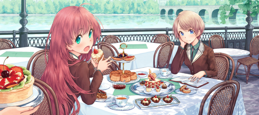 :o blonde_hair blue_eyes blush cake eating face food food_on_face green_eyes highres long_hair looking_at_viewer looking_back lulu_(shoutarou) multiple_girls open_mouth original red_hair redhead restaurant river school_uniform short_hair sitting sweets tea tokunou_shoutarou water