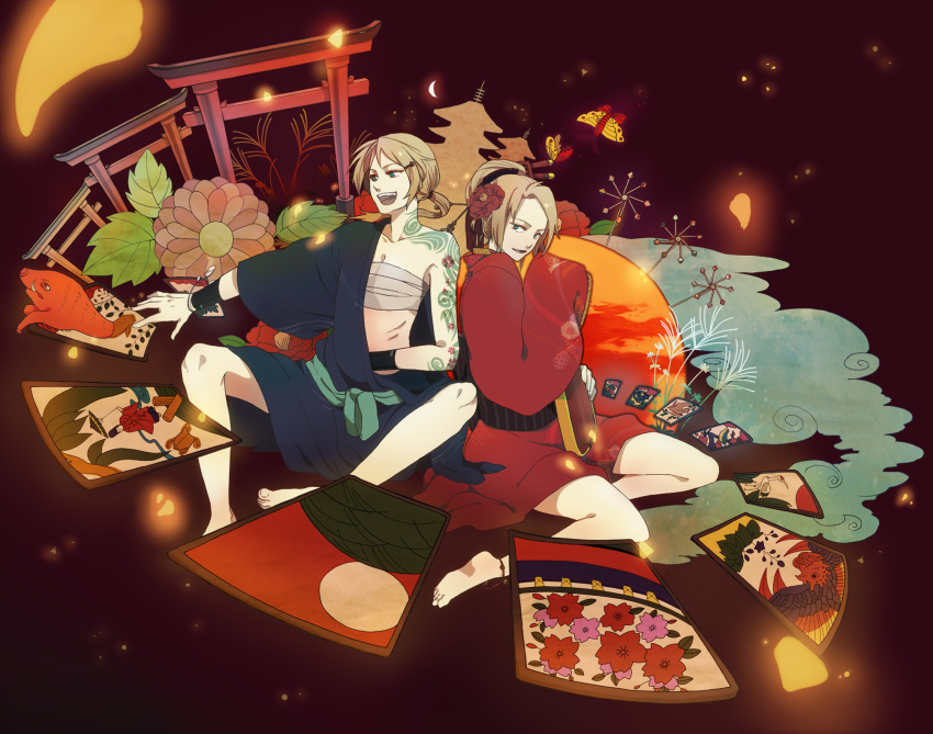 aqua_eyes bad_id blonde_hair camellia_(flower) flower hair_comb hair_flower hair_ornament hairclip hanafuda highres ikuryomaga instrument japanese_clothes kagamine_len kagamine_rin kimono long_hair sarashi shamisen siblings smile torii twins vocaloid