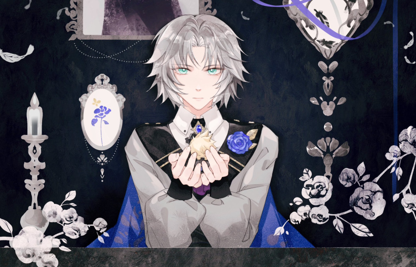 2boys aqua_eyes blonde_hair blue_cape blue_flower blue_gemstone blue_rose bright_pupils candle cape chibi cloud_strife cloud_strife_(ball_gown) collared_shirt commentary_request crossdressing day expressionless facing_away falling_feathers feathers final_fantasy final_fantasy_vii final_fantasy_vii_ever_crisis flower formal gem grey_feathers grey_hair grey_jacket hands_up highres holding_chibi holding_miniperson indoors jacket long_sleeves looking_at_viewer male_focus mini_person miniboy multiple_boys official_alternate_costume painting_(object) parted_bangs puffy_long_sleeves puffy_sleeves rose sephiroth sephiroth_(shinra_formal_uniform) sephiroth_(young) shirt short_hair spiky_hair upper_body white_shirt wxdctc