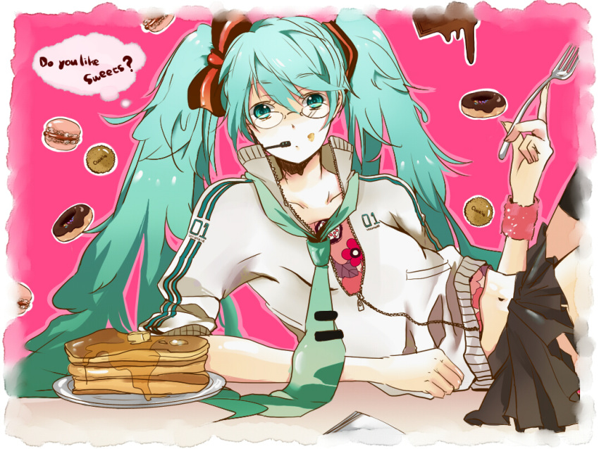 aqua_eyes aqua_hair bad_id bespectacled cake casual chocolate cookie doughnut english food fork glasses hatsuko hatsune_miku headset long_hair lying macaron navel necktie on_side pancake pastry skirt sleeves_pushed_up solo sweets thighhighs twintails vocaloid wristband zipper