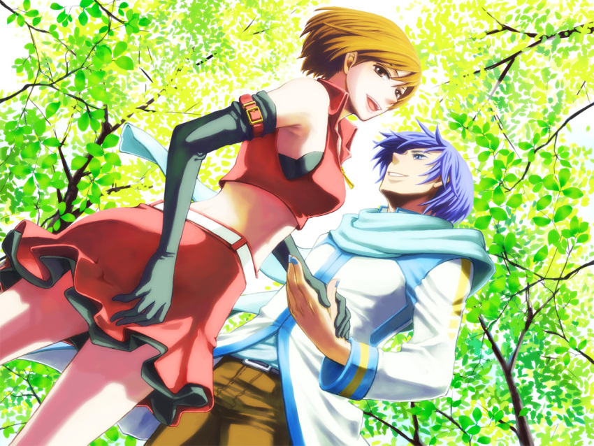 blue_hair brown_eyes brown_hair couple elbow_gloves gloves holding_hands kaito meiko nature scarf short_hair skirt smile vocaloid wallpaper youne
