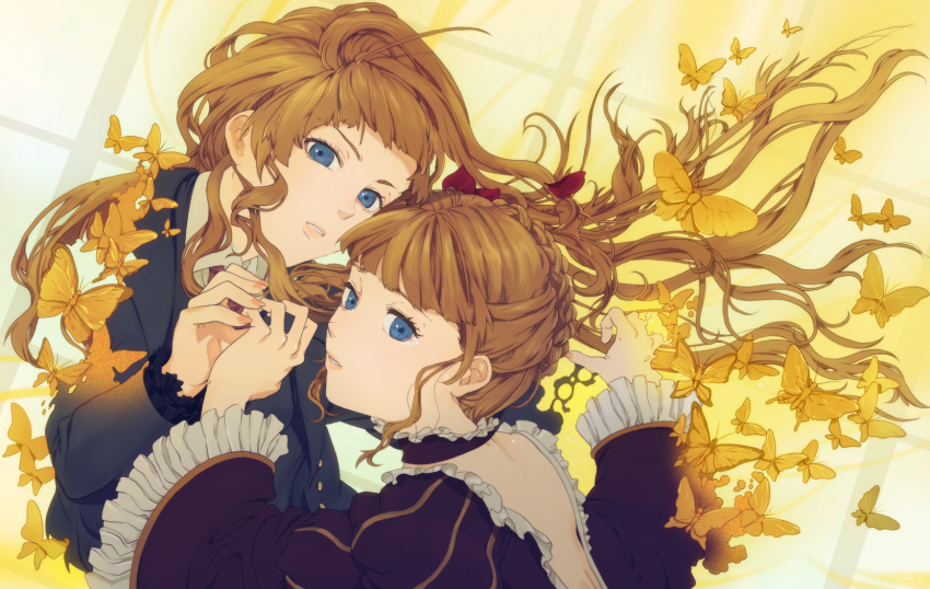 alternate_hairstyle beatrice blazer blonde_hair butterfly choker dissolving dress dual_persona flower frills hair_bun hair_flower hair_ornament highres holding_hands kaisen long_hair long_sleeves multiple_girls necktie tears umineko_no_naku_koro_ni when_they_cry_4