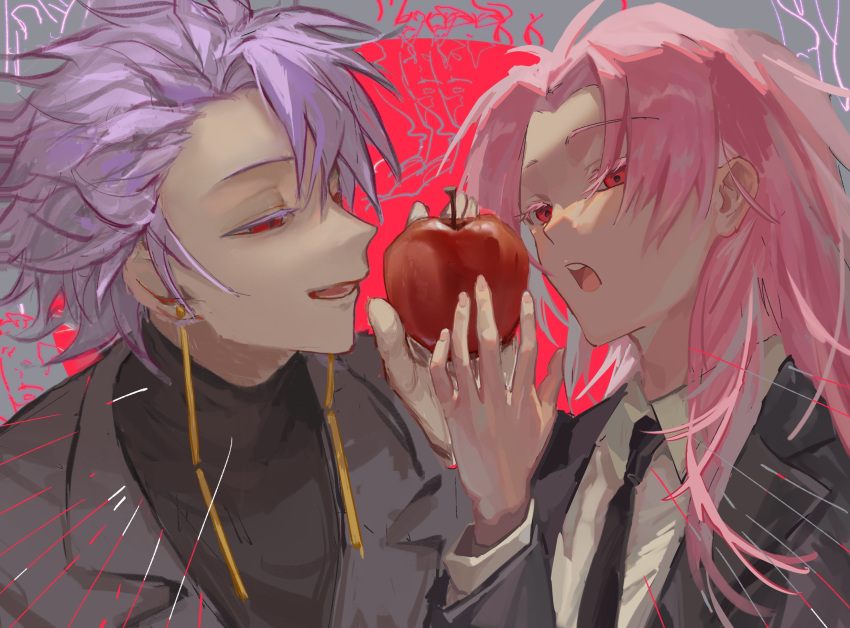 2boys apple artist_collaboration black_jacket black_necktie black_shirt chinese_commentary collared_shirt colored_eyelashes commentary_request earrings edoupaoxiao food formal fruit gouzhiyi hatsutori_hajime highres holding holding_food holding_fruit jacket jewelry lapels long_hair long_sleeves male_focus multiple_boys necktie notched_lapels open_mouth parted_bangs pink_hair purple_hair red_eyes saibou_shinkyoku shirt short_hair smile suit_jacket theodore_riddle upper_body white_shirt