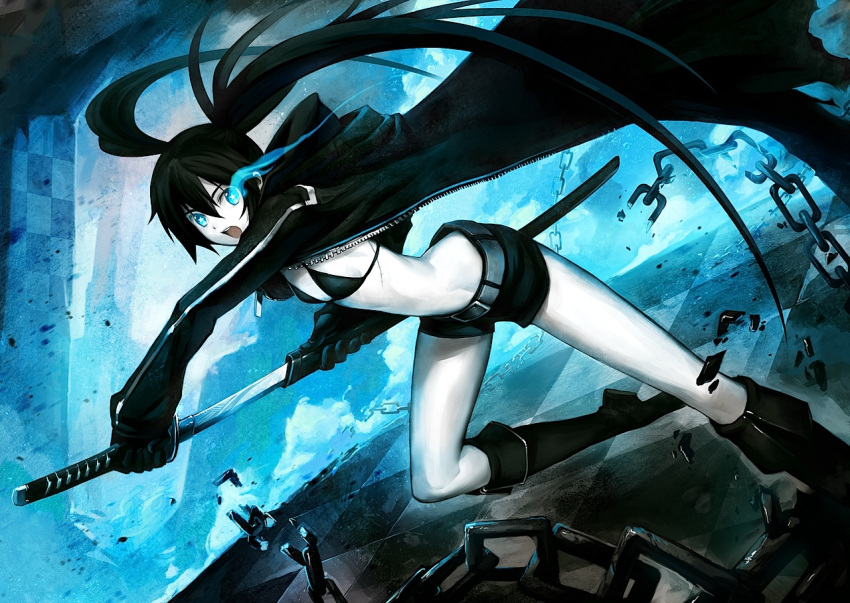 1girl asuka111 black_hair black_rock_shooter black_rock_shooter_(character) blue_eyes boots bra broken_chain chain chains checkered coat female glowing glowing_eyes holding_sword holding_weapon left-handed long_hair midriff open_mouth pale_skin patipat_asavasena scar sheath shorts solo star star-shaped_pupils sword symbol-shaped_pupils twintails unsheathing upper_teeth very_long_hair weapon white_skin