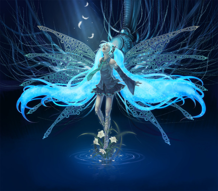 closed_eyes detached_sleeves feathers flower hatsune_miku long_hair machine necktie qoo_(pixiv120340) twintails vocaloid water wings