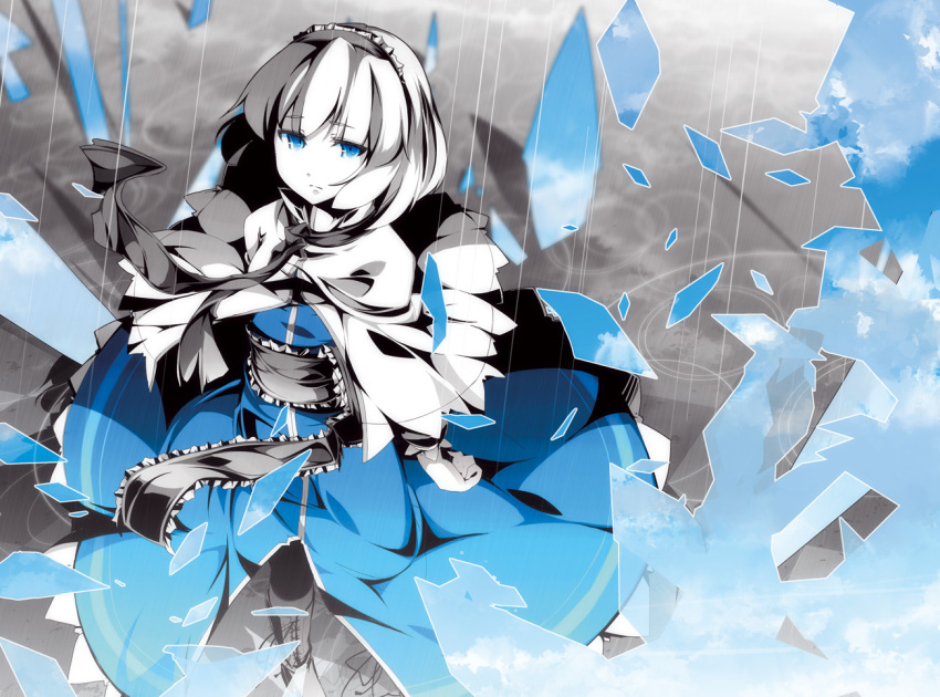 asakura_masatoki blue blue_eyes broken_glass capelet dress from_above girl glass looking_up monochrome partially_colored polychromatic rain sad shanghai shatter short_hair sky solo standing touhou wallpaper