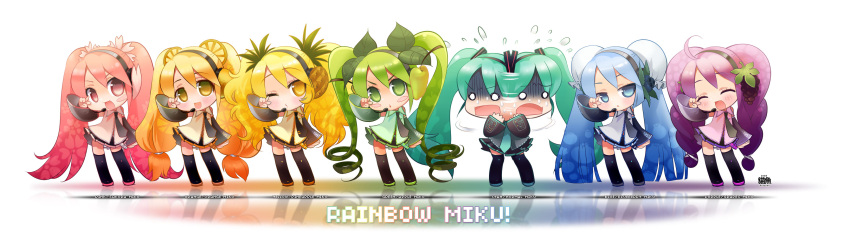 6+girls ahoge alternate_color alternate_hairstyle apple aqua_hair blonde_hair blue_eyes blue_hair blueberry blush blush_stickers cherry_blossoms chibi detached_sleeves earmuffs food food_themed_clothes fruit gloom_(expression) grapes green_eyes green_hair hatsune_miku headphones headset highres leaves long_hair long_image multiple_persona necktie neko_sakana o_o open_mouth orange orange_hair panicking pineapple pink_eyes pink_hair purple_hair sakura scared skirt sweat sweatdrop thighhighs twintails two-toned_hair v very_long_hair vocaloid wide_image wink yellow_eyes