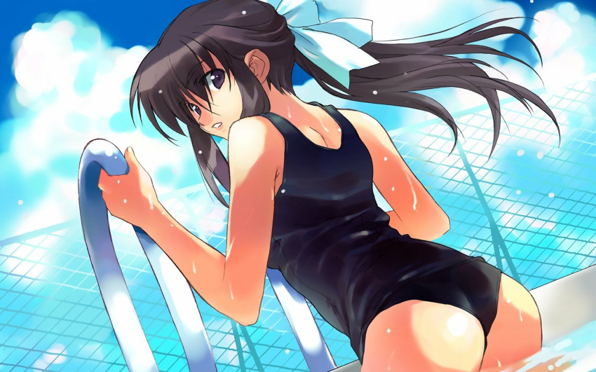 1girl ass bow cloud eyebrows_visible_through_hair female hair_between_eyes hair_ribbon highres long_hair looking_back one-piece_swimsuit ribbon school_swimsuit sky solo source_request swimsuit teeth wallpaper water wet widescreen