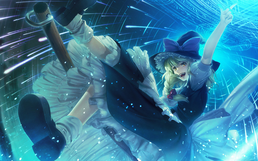 blonde_hair cyan dress hat kirisame_marisa long_hair ribbons simosi touhou witch yellow_eyes