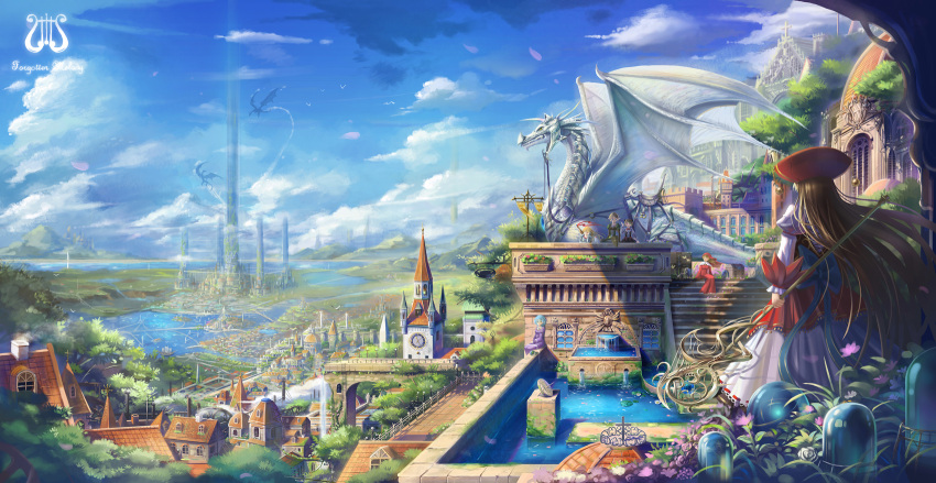 blue_hair brown_hair building city cityscape dragon dress eternita highres landscape long_hair pointy_ears saber_01 scenery staff very_long_hair water