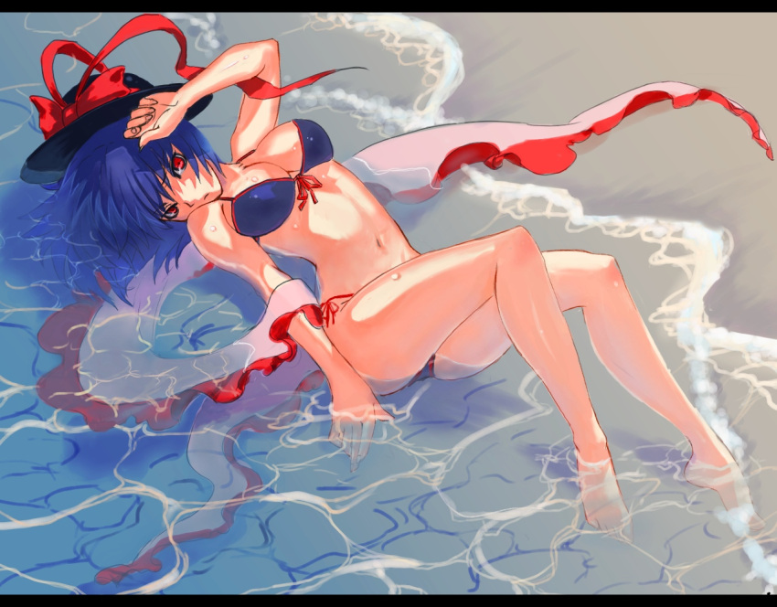 beach bikini blue_hair breasts cleavage feet front-tie_top hat large_breasts legs long_hair lying nagae_iku navel on_back red_eyes shawl short_hair side-tie_bikini solo sweat swimsuit touhou tsurime vica wading water