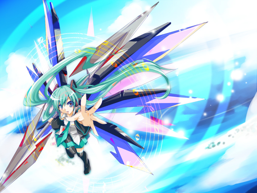 blue_eyes detached_sleeves haru_aki hatsune_miku lance long_hair mechanical_wings musical_note necktie outstretched_arm outstretched_hand pleated_skirt polearm reaching skirt sky spear thigh_boots thighhighs twintails very_long_hair vocaloid wallpaper weapon wings