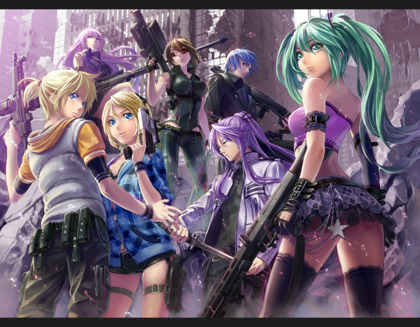 ass bandeau belt blonde_hair blue_eyes blue_hair bra brown_hair chain city elbow_gloves gloves green_eyes green_hair gun h&amp;k_mp5 handgun hatsune_miku heckler_&amp;_koch holster jacket kagamine_len kagamine_rin kaito kamui_gakupo katana left-handed letterboxed lingerie long_hair machine_gun megurine_luka meiko mg42 midriff mp5 open_clothes open_shirt pants pink_hair plaid purple_hair rifle rocket_launcher ruins sheath shirt short_hair shorts shotgun siblings skirt sniper_rifle star submachine_gun sunglasses sword tartan thigh_strap thighhighs trigger_discipline tubetop twins twintails underwear unsheathing vocaloid weapon yahako