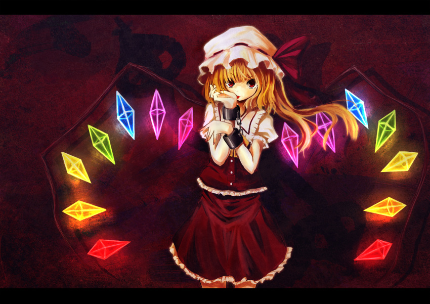 against_wall blonde_hair cuffs fingernails flandre_scarlet glowing glowing_wings handcuffs hangetsuakibarika hat laevatein letterboxed licking looking_at_viewer nail_polish rainbow_order red red_background red_eyes side_ponytail standing tongue touhou wallpaper wings