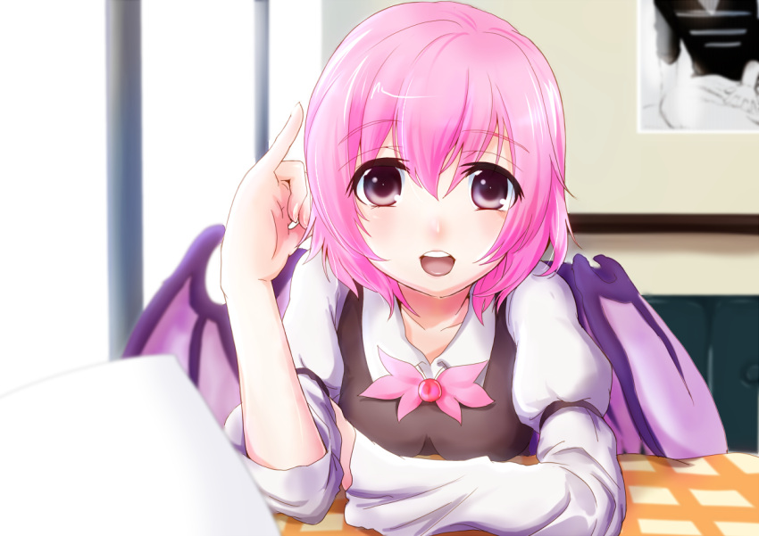 1girl arm_rest bird_wings bow breasts juliet_sleeves kotarou_(yukina1721) long_sleeves looking_at_viewer mystia_lorelei no_hat no_headwear open_mouth photo_(object) pink_eyes pink_hair pinky_out puffy_sleeves short_hair solo tablecloth touhou