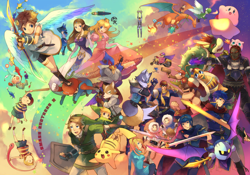 6+boys 6+girls animal_ears armlet armor backpack bag baseball_bat baseball_cap belt black_hair blonde_hair blue_eyes blue_hair bodysuit boots bowser bracelet brown_hair bunny_ears cape captain_falcon charizard cloak closed_eyes cloud coat crown diddy_kong donkey_kong dress english everyone f-zero facial_hair falco_lombardi fire_emblem flower flying fox_mccloud ganondorf gloves group gun hanokage happy hat headband helmet highres ice_climber ice_climbers ike ivysaur jacket jewelry jigglypuff kid_icarus king_dedede kirby kirby_(series) link long_hair lucario lucas luigi mario marth master_sword meta_knight metal_gear_solid metroid mother_(game) motor_vehicle motorcycle mr._game_&amp;_watch mustache nana_(ice_climber) ness nintendo olimar open_mouth overalls parachute pikachu pikmin pikmin_(creature) pit pokemon ponytail popo_(ice_climber) princess_peach princess_zelda r.o.b rainbow red_hair robot samus_aran sandals scarf shield short_hair shorts sky smile solid_snake sonic sonic_the_hedgehog spacesuit spikes squirtle star star_fox super_mario_bros. super_smash_bros. super_smash_bros_brawl sword t-shirt tail the_legend_of_zelda toon_link vehicle wallpaper wario wario-man warioware weapon wings wolf_o'donnell yoshi zero_suit