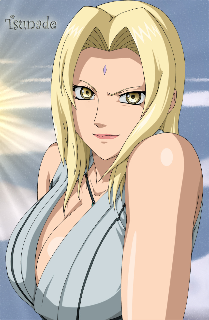 bare_shoulders blonde_hair breasts cleavage female highres large_breasts long_hair naruto necklace solo tsunade yellow_eyes