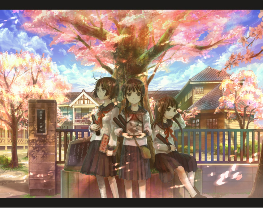 3girls bandages braid cherry_blossoms cloud death fuji_choko glasses graduation kneehighs long_hair multiple_girls original scenery school_uniform seifuku serafuku short_hair sitting socks tears tree twin_braids