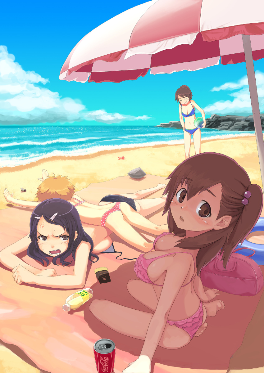 29 29_(artist) 4girls absurdres angry ass bad_id bag ball barefoot beach beachball bikini blush breast_press breasts brown_eyes brown_hair child cleavage coca-cola hair_ornament hairclip highres kneeling large_breasts lying multiple_girls product_placement short_hair side_ponytail smile sunbathing swimsuit