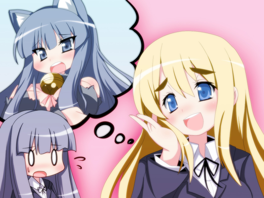 0_0 2girls akiyama_mio animal_ears bangs blonde_hair blue_eyes blunt_bangs blush cat_ears catgirl highres k-on! kotobuki_tsumugi multiple_girls oborotsuki_kakeru school_uniform