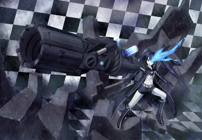 arm_cannon belt bikini_top black_hair black_rock_shooter black_rock_shooter_(character) blue_eyes boots chain checkered cross flat_chest front-tie_top gloves gun highres hood jacket knee_boots long_hair midriff pale_skin scar shorts solo star twintails uneven_twintails very_long_hair weapon yanphoenix zipper