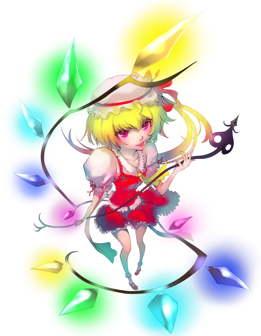 absurdres ai[sora] bad_id blonde_hair blue_hair flandre_scarlet hat highres laevatein perspective ponytail red_eyes ribbon short_hair side_ponytail solo sora_(artist) tongue touhou transparent_background wings