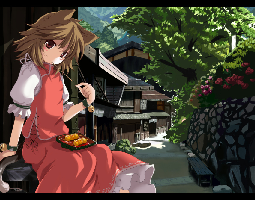 bad_id brown_hair cat_ears cat_tail chen dango food nejime scenery short_hair tail touhou wagashi