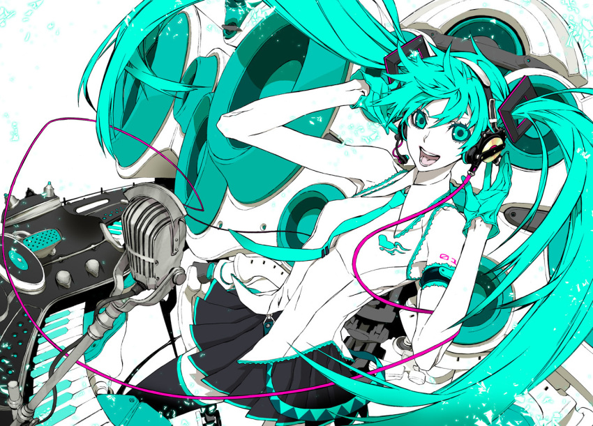 aqua_eyes aqua_hair armband belt cable green_eyes green_hair hands_on_headphones hatsune_miku headphones instrument keyboard_(instrument) long_hair melt_(vocaloid) microphone microphone_stand miwa_shirou miwa_shirow necktie open_mouth pleated_skirt polychromatic speaker synthesizer tattoo thigh_highs thighhighs twintails vocaloid white zettai_ryouiki