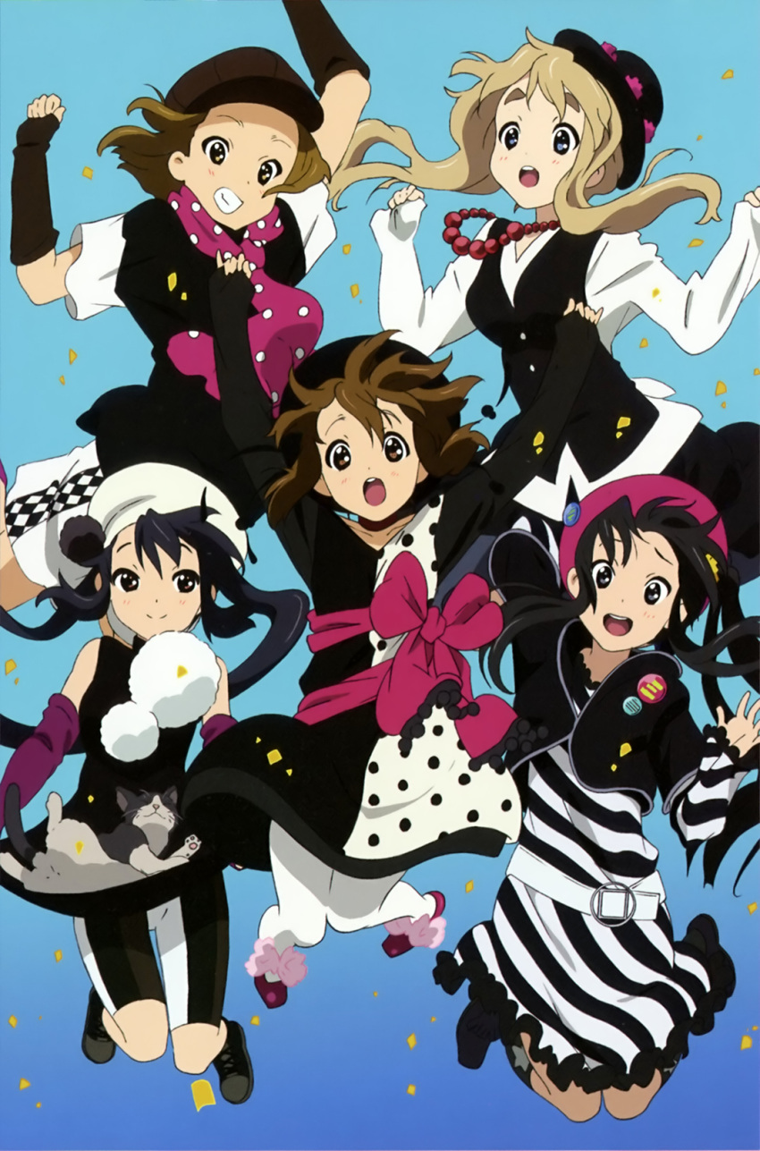 akiyama_mio aliasing animal argyle arm_warmers badge belt beret black_hair blonde_hair blue_eyes bow bowler_hat brown_eyes brown_hair button_badge cabbie_hat cat confetti happy hat highres hirasawa_yui jewelry k-on! kotobuki_tsumugi long_hair multiple_girls nakano_azusa necklace open_mouth pantyhose polka_dot short_hair smile striped tainaka_ritsu twintails vest white_legwear